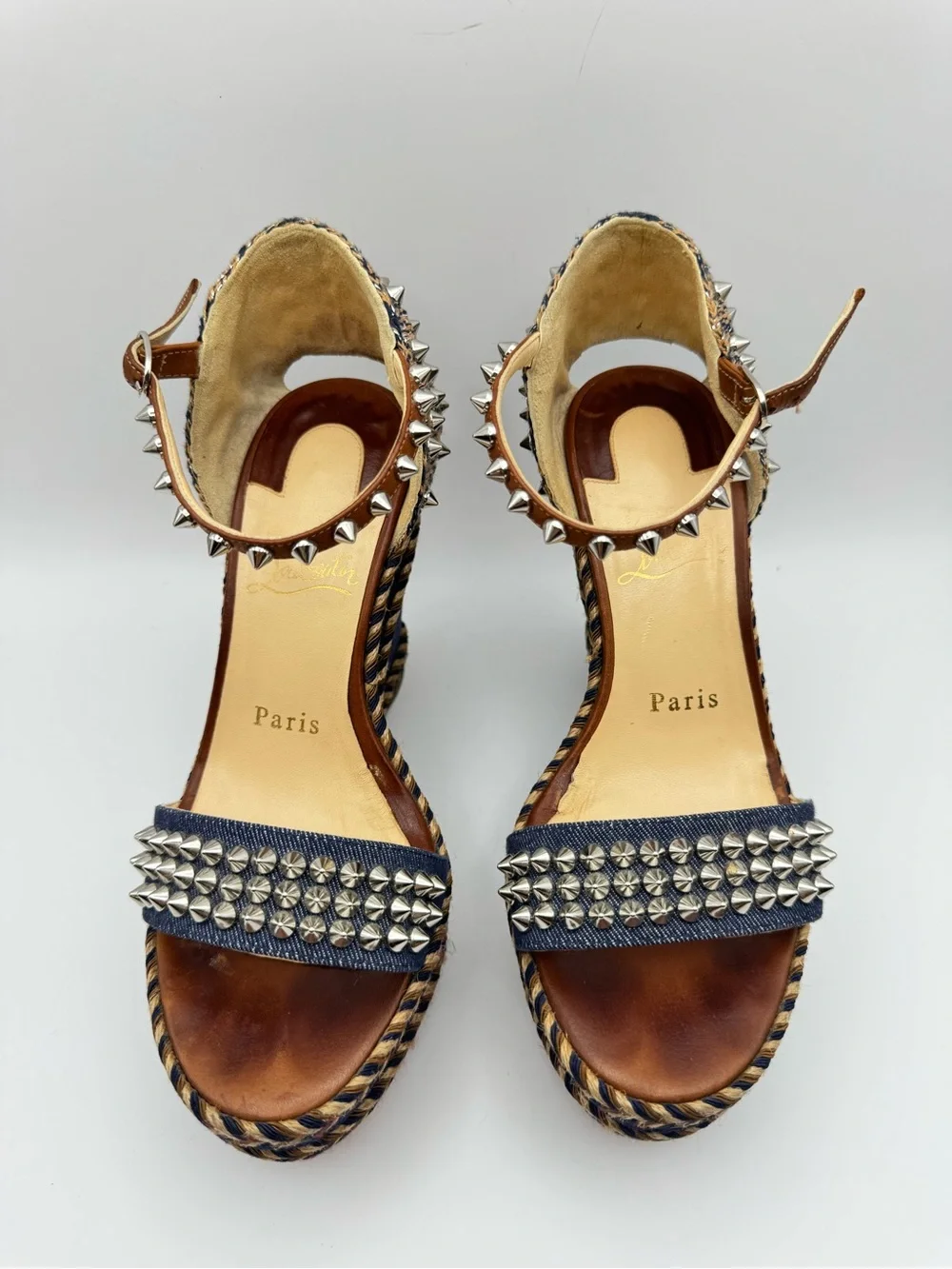 Christian Louboutin Madmonica 120 Denim Studded Wedge Sandals EU 36
